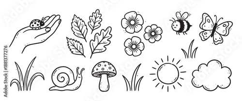 Set of hand-drawn nature doodles featuring a ladybug, hand, leaves, flowers, bee, butterfly, snail, mushroom, sun, and cloud in a simple black and white line art illustration