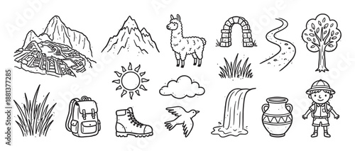Set of hand-drawn doodle illustrations featuring travel and adventure elements like mountains, a llama, ruins, and hiking gear in a simple black and white line art style