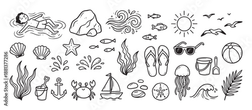 Large set of hand-drawn summer beach doodles featuring a crab, jellyfish, sailboat, and other vacation elements in a simple black and white line art illustration style