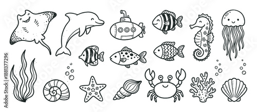 Cute collection of hand-drawn sea creatures and ocean elements in a simple black and white doodle style, including a dolphin, fish, crab, jellyfish, and submarine for kids' design