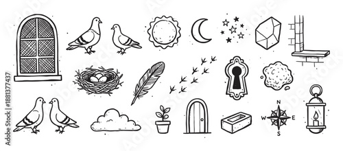 Collection of hand-drawn doodle illustrations featuring pigeons, a nest, a feather, sun, moon, and other charming elements in a whimsical, sketchy black and white line art style