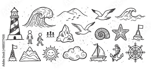 Large collection of hand-drawn nautical and travel doodles featuring a lighthouse, wave, sailboat, anchor, and sun in a charming black and white ink sketch illustration style