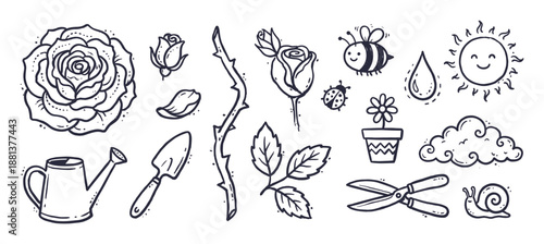 Collection of hand-drawn gardening doodles featuring a rose, watering can, trowel, bee, and sun in a cute, sketchy monochrome line art style for spring and nature concepts