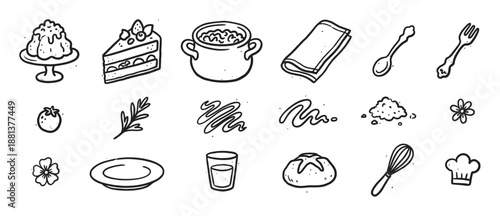 Hand-drawn black and white food icons set featuring various culinary elements like cake, bread, utensils, and a chef hat in a simple doodle sketch style