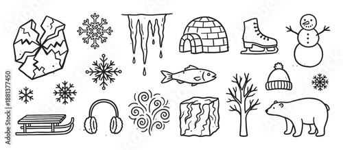 Collection of hand-drawn winter icons featuring a snowman, polar bear, igloo, snowflakes, and ice skates in a simple black and white line art doodle illustration style