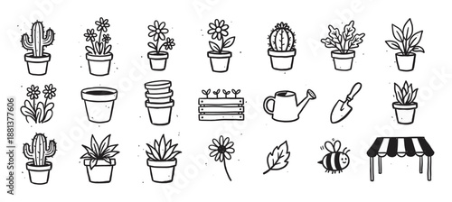 Hand-drawn gardening and plant icon set with cute doodle-style illustrations of potted flowers, cacti, succulents, tools, and a bee in a simple black and white line art vector collection