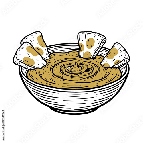 Nacho chips and creamy dip artwork. Mexican food snack illustration. Delicious appetizer graphic design. Food artwork for t shirt print, poster, stick