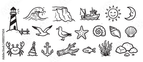 Collection of hand-drawn nautical doodle icons featuring a lighthouse, boat, crab, shells, and anchor in a simple black and white line art style for marine and ocean themes