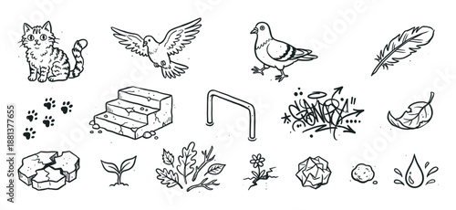Collection of monochrome street art inspired icons including a stray cat, city pigeon, graffiti tag, and urban nature elements drawn in a sketchy doodle style