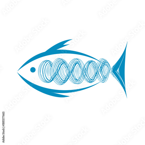 Stylized blue fish with abstract spiral helix pattern resembling DNA, symbolizing aquatic genetics, marine biology, or seafood innovation.