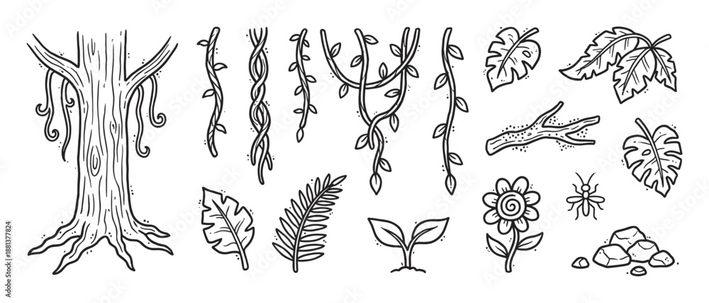Fototapeta premium Collection of hand-drawn jungle elements featuring a tree trunk, hanging liana vines, tropical leaves, a flower, and an insect in a black and white doodle sketch illustration style
