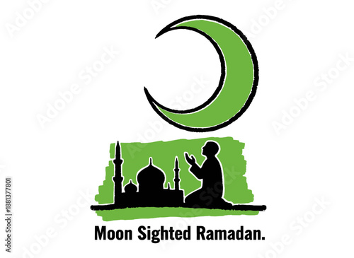 Ramadan Kareem celebration artwork. Islamic moon sighted design with mosque silhouette. Muslim praying graphic for t shirt print, poster, sticker, bac