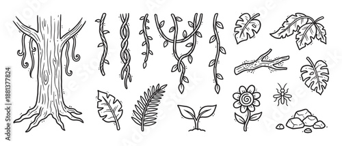 Collection of hand-drawn jungle elements featuring a tree trunk, hanging liana vines, tropical leaves, a flower, and an insect in a black and white doodle sketch illustration style