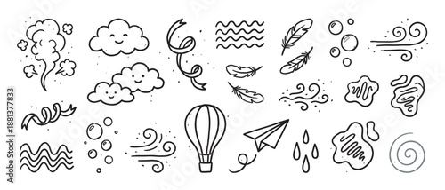 Collection of hand-drawn doodle elements representing air, wind, and sky objects like clouds, feathers, and a hot air balloon in a cute, minimalist black and white line art style
