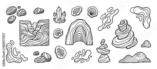 Hand-drawn set of various natural elements including stones, crystals, fossils, and abstract organic shapes in a black and white doodle sketch style for geology and nature concepts