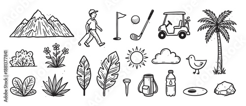 Hand-drawn doodle set of golf and nature elements including a golfer, cart, club, palm tree, and mountain in a simple black and white line art style