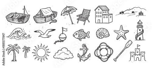 Set of hand-drawn summer vacation icons featuring a boat, lighthouse, palm tree, and other beach elements in a black and white doodle style illustration for travel concepts