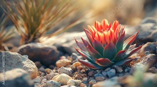 A vibrant succulent flower with red and green hues blooms amidst a bed of small rocks and pebbles, illuminated by soft sunlight, creating a captivating display of natural beauty