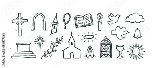 Hand-drawn Christian religious symbols collection featuring a cross, church, bible, rosary, and dove in a minimalist black line art sketch style for spiritual faith concepts