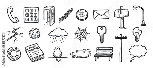 Large set of hand-drawn doodle icons featuring various communication, urban, and abstract elements in a black and white sketchy cartoon style