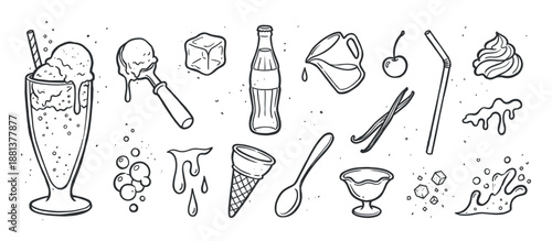 Hand-drawn black and white set of ice cream float ingredients including a milkshake, soda bottle, scoop, cherry, and vanilla beans in a vintage doodle sketch illustration style