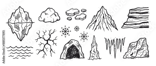 Collection of hand-drawn winter nature elements including an iceberg, mountain, ice cave, snowflakes, and icicles in a simple black and white doodle sketch illustration style