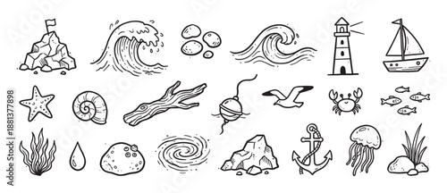 Set of hand-drawn nautical icons featuring a lighthouse, sailboat, anchor, crab, and other sea life elements in a black and white doodle style illustration collection
