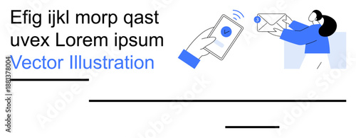 Digital communication, email marketing, online correspondence, data sharing, remote work, efficient messaging. A hand holding a smartphone sends an email to a recipient. Digital communication