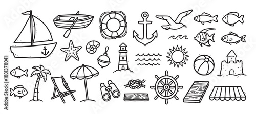 Set of hand-drawn nautical and beach icons in a simple black and white doodle style, featuring a sailboat, anchor, lighthouse, and other summer vacation travel elements