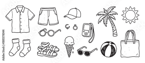 Set of hand-drawn summer vacation icons featuring a shirt, shorts, sunglasses, palm tree, and ice cream in a simple black and white doodle line art illustration style