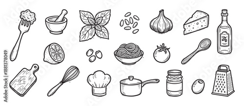 Hand-drawn set of cooking ingredients and utensils in a black and white doodle sketch style, featuring pasta, olive oil, cheese, garlic, basil, and various kitchenware icons