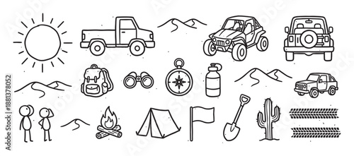 Collection of hand-drawn off-road adventure icons in a simple doodle style, featuring cars, camping equipment, and desert elements for an exploratory travel concept