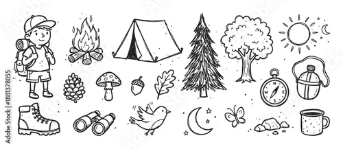Set of hand-drawn camping and hiking doodle icons featuring a boy, tent, campfire, and forest elements in a black and white line art style for outdoor adventure themes