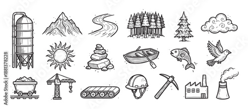 Large collection of hand-drawn icons representing nature and industry in a black and white sketch style, featuring mountains, forests, factories, and mining equipment for creative projects