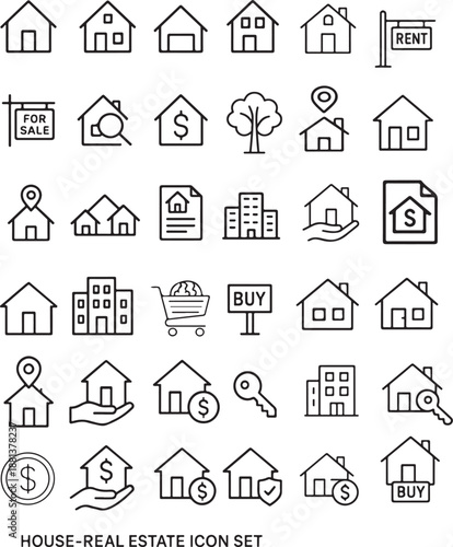 Real Estate Linear Icon Collection For Web Design With Editable Stroke Style