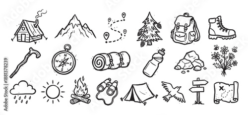 Collection of hand-drawn black ink icons for hiking and camping, featuring a tent, backpack, compass, and mountains in a cute outdoor adventure doodle sketch style for tourism