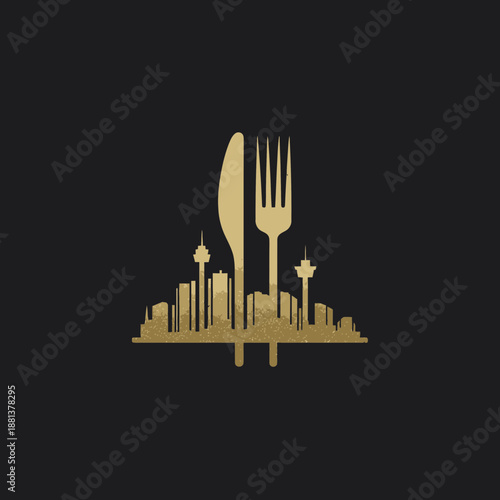 Golden urban restaurant logo: city skyline silhouette with a prominent fork and knife, symbolizing modern dining and cuisine.