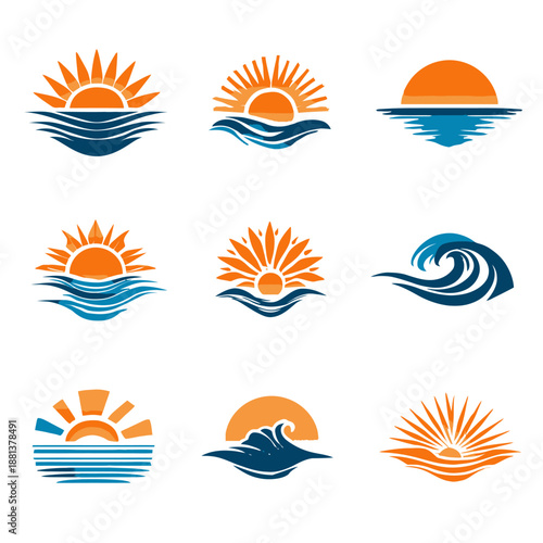 Set of diverse vector icons depicting sunrises and sunsets over ocean waves, ideal for travel, summer, beach, and tropical themes.