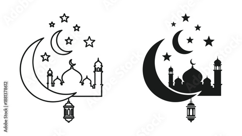 Crescent moon and stars with mosque and lantern illustration