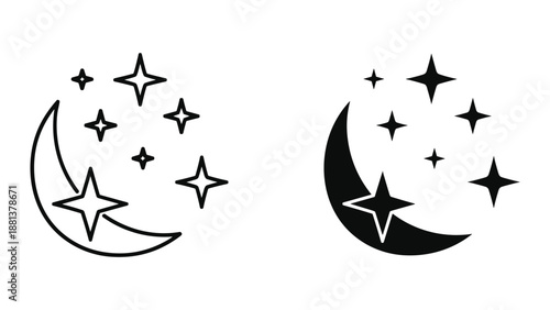 Crescent moon and stars icon set in black outline and solid style