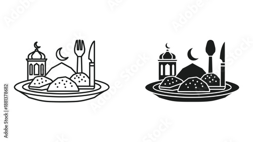 Ramadan food illustration with mosque and crescent moon