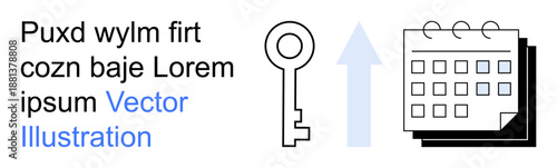 Business growth, planning strategy, scheduling, opportunity, unlocking ideas, and progress. A key with an arrow pointing up beside a calendar. Business growth and planning strategy
