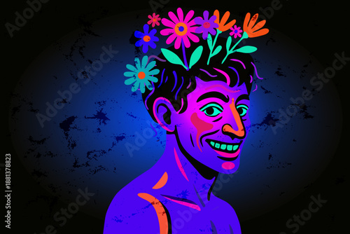 portrait of happy smiling whimsical man with wreath flower chaplet, black light neon glow style, mix emotion of creepy horror mystery , fantasy vector art 