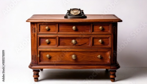 Antique wooden dresser with rotary phone on top, vintage charm.