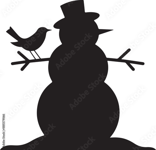 Black silhouette of snowman with bird and hat winter