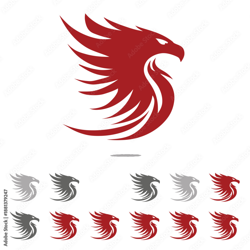 Obraz premium Powerful stylized red eagle head with sweeping wings vector graphic design element for branding, emblem, or logo concept