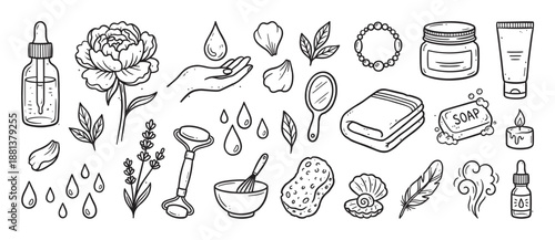 Hand-drawn black and white set of skincare and beauty routine icons including serum, peony, jade roller, soap, and cream, illustrated in a charming doodle line art style for spa concepts