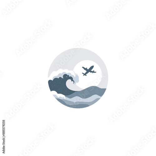 Stylized airplane flying over ocean waves with sun, vector illustration for global travel, summer vacation, and adventure concept.