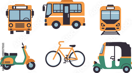 A set of flat vector illustrations depicting diverse urban transportation modes, including buses, trains, bicycles, scooters, and auto-rickshaws, perfect for city mobility and travel concepts