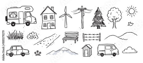 Hand-drawn black and white doodle set of countryside elements including a camper van, house, car, tree, and wind turbine in a simple, sketchy illustration style